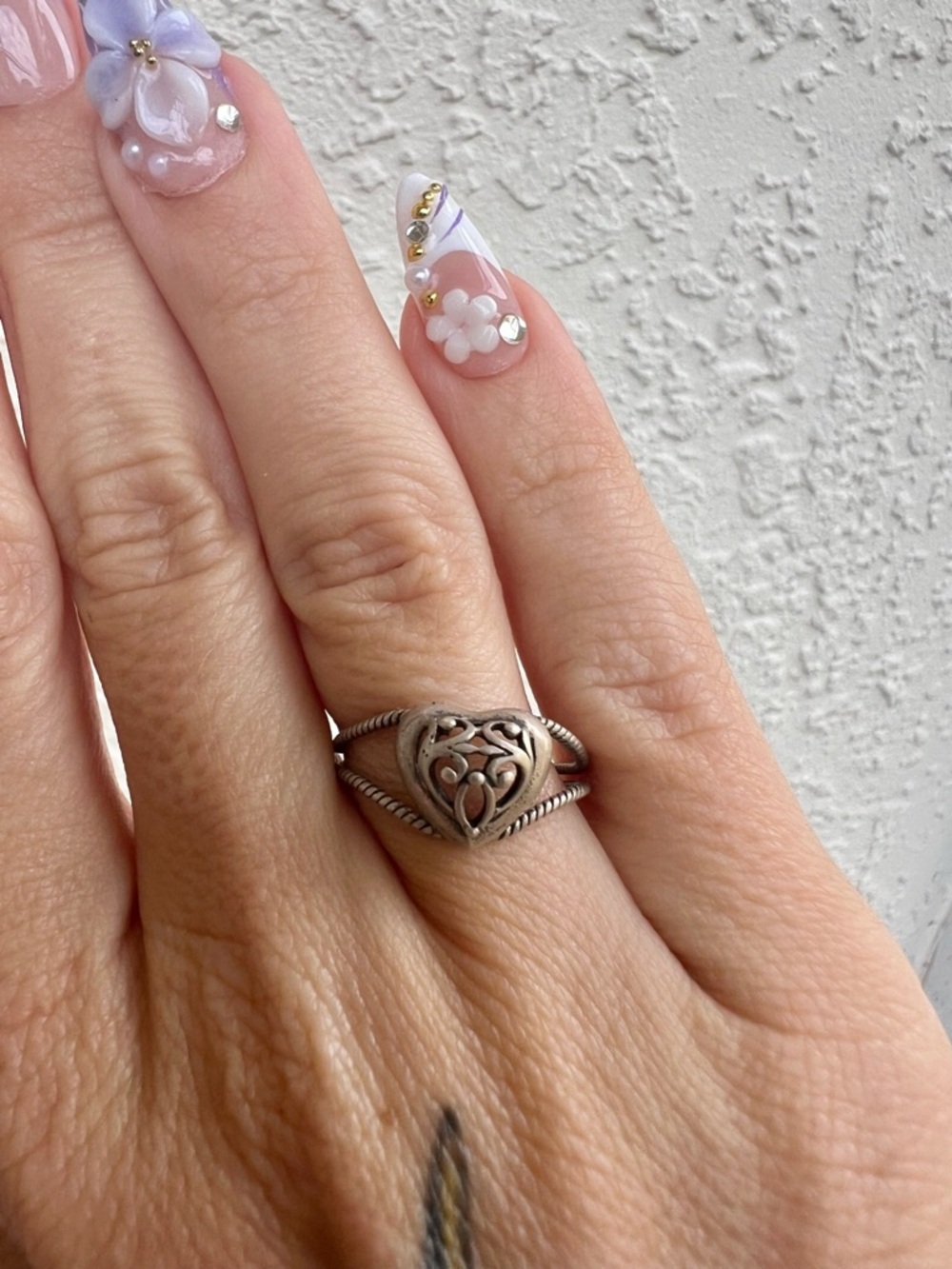 925 Sterling Silver Vintage NV Filigree Heart Adjustable Ring